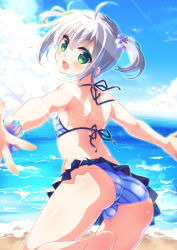 Rule 34 | 1boy, :d, ahoge, androgynous, ass, back, barefoot, beach, bikini, blush, bulge, crossdressing, flat chest, from behind, green eyes, hair bobbles, hair ornament, highres, lew, looking back, male focus, ocean, open mouth, original, outstretched arms, scrunchie, short hair, silver hair, smile, solo, striped bikini, striped clothes, swimsuit, trap, twintails, wrist scrunchie