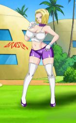 Rule 34 | 1girl, android 18, blonde hair, blue eyes, dicasty, dragon ball, female focus, gloves, highres, looking at viewer, mature female, pants, purple pants, shirt, shorts, tank top, text focus, thighhighs, tight clothes, tight pants, tight shirt, white gloves, white shirt, white thighhighs