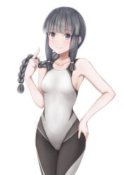 Rule 34 | 1girl, alternate costume, black hair, black wetsuit, blunt bangs, bodysuit, braid, breasts, collarbone, diving suit, grey eyes, hair over shoulder, hair ribbon, hand on own hip, highres, kantai collection, kitakami (kancolle), koru pera, long hair, multicolored clothes, playing with own hair, ribbon, sidelocks, simple background, single braid, small breasts, smile, solo, tress ribbon, wetsuit, white background, white wetsuit