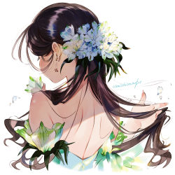 Rule 34 | 1girl, bare shoulders, between fingers, black hair, blue flower, cropped torso, earrings, facing away, fingernails, flower, from behind, hair flower, hair ornament, hand in own hair, highres, holding, jewelry, long fingernails, long hair, original, petals, shoulder blades, signature, simple background, solo, umishima senbon, upper body, white background
