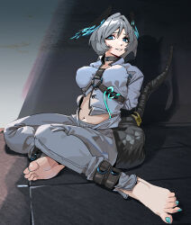 Rule 34 | 1girl, absurdres, aqua nails, arknights, barefoot, black tail, blue eyes, blue shirt, bound, bound arms, breasts, collar, er ling balu, eyelashes, feet, foreshortening, full body, grey hair, grey pants, head wings, highres, ho&#039;olheyak (arknights), large breasts, leaning back, long sleeves, looking at viewer, medium hair, midriff, nail polish, navel, on ground, outdoors, pants, shadow, shirt, sitting, soles, solo, toenail polish, toenails, toes, wings