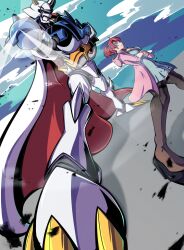 Rule 34 | 1girl, blue camisole, blue eyes, breasts, camisole, cape, crossed arms, digimon, digimon (creature), digimon story: cyber sleuth, dutch angle, foreshortening, from side, highres, jacket, lightning glare, medium breasts, meme, omegamon, pink jacket, red cape, red hair, ridgeone, shiramine nokia, short twintails, spikes, spread legs, standing, thighhighs, twintails, white cape