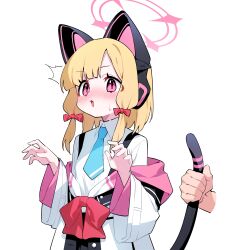 Rule 34 | 1girl, 1other, absurdres, animal ear headphones, animal ears, blonde hair, blue archive, blue necktie, blush, bow, cat tail, collared shirt, fake animal ears, hair bow, halo, headphones, highres, honi (honi1010), jacket, long sleeves, momoi (blue archive), necktie, open mouth, pink halo, red bow, red eyes, shirt, short hair, simple background, solo focus, tail, white background, white jacket, white shirt, wide sleeves