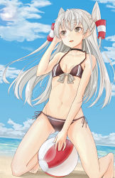 Rule 34 | 10s, 1girl, :d, adapted costume, amatsukaze (kancolle), ball, bare arms, bare legs, bare shoulders, barefoot, beach, beachball, between legs, bikini, blue sky, bow, breasts, brown bikini, brown eyes, brown ribbon, choker, cleavage, cloud, cloudy sky, collarbone, day, grey bow, hair tubes, hand in own hair, horizon, kantai collection, kneeling, legs apart, long hair, looking to the side, navel, ocean, open mouth, outdoors, remil, ribbon, sand, side-tie bikini bottom, silver hair, sky, small breasts, smile, solo, stomach, swimsuit, twintails, two side up, very long hair, water