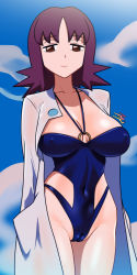 Rule 34 | 1girl, alternate breast size, beach, blue sky, breasts, cameltoe, collar, creatures (company), curvy, derivative work, female focus, game freak, highleg, highleg swimsuit, highres, jazz jack, jewelry, lab coat, large breasts, lips, looking at viewer, medium hair, narrow waist, necklace, nintendo, one-piece swimsuit, philena ivy, pokemon, pokemon (anime), pokemon (classic anime), purple hair, screenshot redraw, shiny clothes, shiny skin, sky, smile, solo, standing, strapless, swimsuit, thick thighs, thighs, wet, wide hips