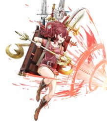 Rule 34 | 1girl, anna (fire emblem), backpack, bag, boots, brown footwear, charm (object), female focus, fire emblem, fire emblem awakening, fire emblem heroes, full body, high heel boots, high heels, highres, holding, holding polearm, holding spear, holding weapon, kaya8, knee boots, long hair, matching hair/eyes, nintendo, official art, open mouth, polearm, ponytail, red eyes, red hair, short sleeves, shorts, smile, solo, spear, sword, transparent background, weapon