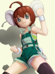 Rule 34 | 1girl, ahoge, animal ears, black thighhighs, blue eyes, bra, brown hair, character request, closed mouth, collarbone, doll joints, fighting stance, haruyama kazunori, joints, looking at viewer, overalls, shadow, short hair, simple background, smile, solo, thighhighs, training bra, underwear