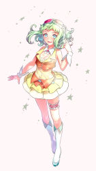 Rule 34 | 1girl, :d, arm at side, bare arms, bare shoulders, beige background, belt, boots, breasts, bridal garter, circle skirt, eyes visible through hair, floating hair, frilled skirt, frills, full body, goggles, goggles on head, green hair, gumi, hag (hag 015), highres, index finger raised, navel, open mouth, pointing, pointing at self, red-tinted eyewear, see-through, short hair, simple background, skirt, small breasts, smile, solo, standing, star (symbol), starry background, tinted eyewear, vocaloid, waiscoat, waistcoat, white footwear, wrist cuffs