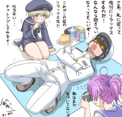 Rule 34 | 10s, 1boy, admiral (kancolle), aoba (kancolle), camera, clothes writing, drink, game console, handheld game console, jack (slaintheva), kantai collection, multiple girls, personification, snack, translation request, z1 leberecht maass (kancolle)