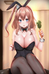 Rule 34 | 1girl, animal ears, bare shoulders, black leotard, blue eyes, blurry, blurry background, blush, breasts, brown hair, carrot, cleavage, collarbone, covered navel, dated, detached collar, fake animal ears, food, highres, holding, holding food, indoors, kantai collection, large breasts, leotard, long hair, looking at viewer, open mouth, pantyhose, playboy bunny, rabbit ears, sakiryo kanna, saratoga (kancolle), side ponytail, signature, sitting, skindentation, solo, wrist cuffs