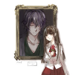 Rule 34 | 1boy, 1girl, artist request, ascot, brown eyes, brown hair, closed eyes, collarbone, commentary request, flower, garry (ib), holding, holding flower, ib (ib), ib (kouri), long hair, long sleeves, painting (object), portrait (object), purple hair, red flower, red rose, red skirt, rose, shirt, signature, simple background, skirt, white background, white shirt