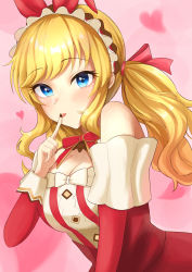 Rule 34 | 1girl, absurdres, ban (puka 0507), bare shoulders, blonde hair, blue eyes, blush, breasts, chocolate, cleavage, dress, headband, heart, highres, idolmaster, idolmaster cinderella girls, idolmaster cinderella girls starlight stage, leaning forward, licking, licking finger, long hair, long sleeves, looking at viewer, medium breasts, off-shoulder dress, off shoulder, ohtsuki yui, pink background, ribbon, simple background, solo, striped clothes, striped dress, swept bangs, tongue, tongue out, tsurime, twintails, upper body, valentine