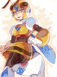 Rule 34 | 1girl, android, antennae, blue eyes, breasts, brwhite gloves, female focus, food, gloves, helmet, holding, holding food, honey woman, insect wings, leg up, looking to the side, medium breasts, open mouth, patterned background, mega man (series), mega man (classic), skirt, smile, solo, teeth, uu, white gloves, wings