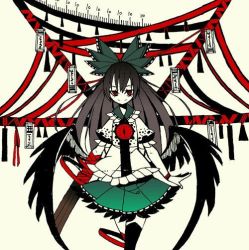 Rule 34 | 1girl, bad id, bad twitter id, black thighhighs, black wings, boku (isizakitakasi), bow, brown hair, commentary, control rod, cowboy shot, feathered wings, green bow, green skirt, hair bow, long hair, looking at viewer, low wings, reiuji utsuho, shirt, short sleeves, skirt, smile, solo, talisman, thighhighs, touhou, white shirt, wings, wristband
