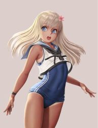 Rule 34 | 10s, 1girl, :o, arm at side, blonde hair, blue eyes, blue one-piece swimsuit, collarbone, covered navel, cowboy shot, crop top, crop top overhang, eyelashes, flower, hair flower, hair ornament, kantai collection, long hair, looking away, looking to the side, one-piece swimsuit, one-piece tan, open mouth, pink flower, ro-500 (kancolle), sailor collar, school swimsuit, shade, simple background, sleeveless, solo, swimsuit, swimsuit under clothes, tan, tanline, wristband, yamaneko (tkdrumsco)