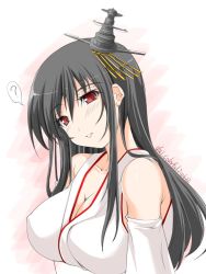 Rule 34 | 1girl, ?, akimoto dai, black hair, breasts, cleavage, commentary request, dated, detached sleeves, fusou (kancolle), hair ornament, highres, japanese clothes, kantai collection, large breasts, leaning to the side, long hair, one-hour drawing challenge, parted lips, red eyes, solo, spoken question mark, twitter username, upper body, white background
