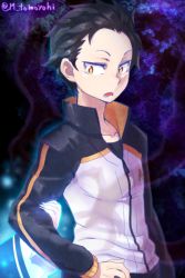 Rule 34 | 10s, black hair, commentary request, glowing, hand on another&#039;s arm, hand on own hip, jacket, looking back, male focus, matsumoto tomoyohi, natsuki subaru, open mouth, re:zero kara hajimeru isekai seikatsu, rem (re:zero), solo focus, track jacket, translation request, wide sleeves, yellow eyes