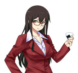 Rule 34 | 10s, 1girl, akagi (kancolle), alternate costume, bespectacled, black eyes, breasts, brown hair, female focus, food, formal, glasses, highres, kantai collection, large breasts, lipstick, long hair, looking at viewer, makeup, md5 mismatch, office lady, onigiri, red-framed eyewear, shoumaru (gadget box), simple background, solo, standing, upper body, white background