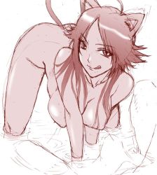 Rule 34 | 00s, 1girl, all fours, animal ears, bleach, breasts, cat ears, cat tail, completely nude, dark skin, dark-skinned female, hanging breasts, hanzaki jirou, large breasts, licking lips, long hair, monochrome, naughty face, nude, shihouin yoruichi, solo, tail, tongue, tongue out, water