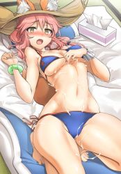 Rule 34 | 1girl, animal ears, bare legs, barefoot, bed sheet, bikini, blue bikini, blush, breasts, covered erect nipples, ears through headwear, fang, fate/grand order, fate (series), fox ears, fox tail, hair between eyes, hat, heavy breathing, long hair, looking at viewer, lying, medium breasts, momio, navel, nose blush, on back, open mouth, pillow, pink hair, scrunchie, side-tie bikini bottom, solo, stomach, straw hat, suggestive fluid, swimsuit, tail, tamamo (fate), tamamo no mae (fate/extra), tamamo no mae (swimsuit lancer) (fate), tatami, tissue, tissue box, wrist scrunchie, yellow eyes