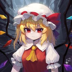 Rule 34 | 1girl, absurdres, ascot, blonde hair, breasts, closed mouth, collared shirt, commentary request, flandre scarlet, frilled shirt collar, frilled sleeves, frills, hair between eyes, hat, hat ribbon, highres, kokukyukeo, korean commentary, looking at viewer, medium hair, mob cap, multicolored wings, puffy short sleeves, puffy sleeves, rainbow order, rainbow wings, red eyes, red ribbon, red vest, ribbon, ribbon-trimmed headwear, ribbon trim, shirt, short sleeves, small breasts, solo, touhou, upper body, vest, white hat, white shirt, wings, yellow ascot