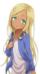 Rule 34 | 1girl, absurdres, aqua eyes, blonde hair, blue jacket, commentary request, dark-skinned female, dark skin, highres, idolmaster, idolmaster cinderella girls, jacket, layla (idolmaster), long hair, long sleeves, looking at viewer, open clothes, open jacket, shirt, simple background, solo, white background, white shirt, yamamoto souichirou