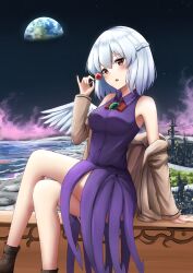 Rule 34 | 1girl, absurdres, black footwear, bow, bowtie, braid, breasts, brown jacket, candy, commentary, crossed legs, dress, earth (planet), english commentary, food, french braid, grey hair, highres, holding, holding candy, holding food, holding lollipop, jacket, kishin sagume, kuneamorai, legs, lollipop, looking at viewer, medium breasts, open mouth, outdoors, planet, purple dress, red bow, red bowtie, red eyes, short hair, single wing, sitting, sleeveless, sleeveless dress, solo, thighs, touhou, wings