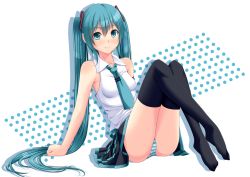 Rule 34 | 1girl, aqua eyes, aqua hair, arm support, bad id, bad pixiv id, black thighhighs, blush, chiro, crossed legs, hatsune miku, jibutare, long hair, looking at viewer, necktie, panties, pantyshot, sitting, skirt, solo, striped clothes, striped panties, thighhighs, twintails, underwear, upskirt, very long hair, vocaloid