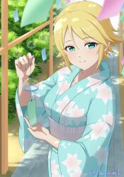 Rule 34 | 1girl, amagamip, blonde hair, blue kimono, breasts, bush, closed mouth, collarbone, cowboy shot, dappled sunlight, day, dot nose, floral print, green eyes, hands up, highres, holding wind chime, idolmaster, idolmaster cinderella girls, idolmaster cinderella girls starlight stage, japanese clothes, kimono, large breasts, long sleeves, looking at viewer, obi, outdoors, pavement, print kimono, sash, shadow, short hair, smile, solo, standing, sunlight, tanabata, twitter username, umeki otoha, wide sleeves, wind chime