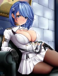 Rule 34 | 1girl, absurdres, against wall, azur lane, black gloves, blue eyes, blue hair, blush, breasts, chapayev (azur lane), cleavage, closed mouth, coach, gloves, hair ornament, hairclip, hat, highres, jacket, large breasts, looking at viewer, manjuu (azur lane), military hat, mole, mole on breast, norndoa, pantyhose, peaked cap, short hair, sitting, smile, solo, white hat, white jacket