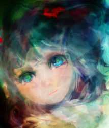 Rule 34 | 1girl, blue eyes, blue hair, blurry, close-up, closed mouth, expressionless, female focus, green hat, hat, katari, kawashiro nitori, lips, looking at viewer, pink lips, short hair, solo, touhou, upper body