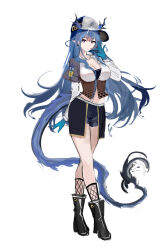 1girl absurdres alternate_costume arknights arm_behind_back black_footwear blue_hair blue_skin boots breasts cleavage closed_mouth colored_skin cropped_jacket dragon_girl dragon_horns dragon_tail earrings fishnet_socks fishnets full_body hand_up hat highres horns jewelry ling_(arknights) long_hair looking_at_viewer mikuning navel pointy_ears shirt simple_background sketch smile socks standing tail white_background white_hat white_shirt