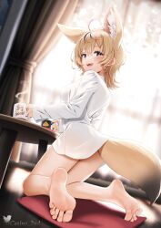 Rule 34 | 1girl, animal ears, bare legs, barefoot, blonde hair, casino (casinoep), coffee mug, cup, extra ears, feet, fox tail, heart, heart-shaped pupils, highres, hololive, looking at viewer, looking back, mug, omaru polka, open mouth, presenting foot, shirt, short hair, soles, symbol-shaped pupils, table, tail, virtual youtuber, white shirt