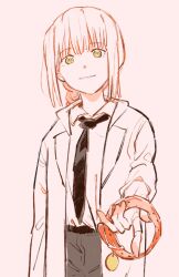 Rule 34 | 1girl, black necktie, chainsaw man, chinese commentary, collar, collared shirt, commentary request, cowboy shot, grey background, highres, holding, holding collar, long hair, looking at viewer, makima (chainsaw man), necktie, parted lips, reaching, reaching towards viewer, red hair, ringed eyes, shirt, simple background, smile, solo, white background, white shirt, yang miemie benti, yellow eyes