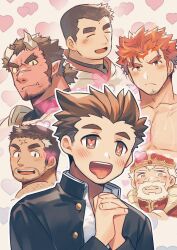 Rule 34 | 6+boys, bara, beard stubble, blush, broken horn, brown hair, claus (f-kare), closed eyes, colored sclera, colored skin, cross scar, crown, facial hair, fafnir (f-kare), fang, fire, frown, goatee, goatee stubble, gordon (f-kare), heart, heart-shaped pupils, horns, hozu (hozumi), male focus, monster boy, multiple boys, ogre, old, old man, open mouth, orgus (f-kare), own hands clasped, own hands together, portrait, protagonist (f-kare), red hair, red skin, scar, scar on face, scar on forehead, scar on nose, school uniform, short hair, shoukan yuusha to f-kei kareshi, sideburns, sideburns stubble, sol (f-kare), stubble, symbol-shaped pupils, teeth, thick eyebrows, tongue, tongue out, topless male, upper body, white hair, yellow sclera