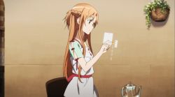 Rule 34 | 10s, animated, animated gif, asuna (sao), black eyes, black hair, brown eyes, brown hair, casual, third-party edit, heads-up display, huge filesize, kirito, knife, subtitled, sweat, sword art online, third-party edit, tsundere