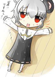 Rule 34 | animal ears, black dress, blush, collar, cookie (touhou), dress, floor, grey hair, highres, lying, mouse ears, mouse tail, nazrin, nyon (cookie), palet200011, red eyes, solo, sweat, sweatdrop, tail, touhou, wooden floor