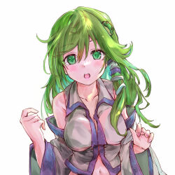 Rule 34 | 1girl, :o, absurdres, bare shoulders, blue trim, breasts, cleavage, collarbone, collared shirt, commentary request, detached sleeves, frog hair ornament, green eyes, green hair, hair between eyes, hair ornament, hands up, highres, ikazuchi akira, kochiya sanae, light blush, long hair, long sleeves, looking at viewer, medium breasts, midriff, navel, open mouth, parted lips, pink nails, shirt, simple background, single hair tube, single sidelock, sleeveless, sleeveless shirt, snake hair ornament, solo, teeth, touhou, upper body, upper teeth only, white background, white shirt, wide sleeves