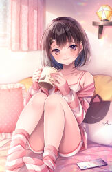 Rule 34 | 1girl, bare shoulders, black hair, camisole, cellphone, closed mouth, commentary request, cup, curtains, frilled pillow, frills, holding, holding cup, indoors, jacket, knees up, long sleeves, looking at viewer, loungewear, mug, nemuri nemu, no shoes, off shoulder, open clothes, open jacket, original, phone, pillow, polka dot, puffy long sleeves, puffy sleeves, purple eyes, sitting, sleeves past wrists, smile, socks, soles, solo, striped clothes, striped jacket, striped socks, white camisole