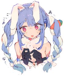 Rule 34 | 1girl, animal ears, bare shoulders, black gloves, blue hair, braid, breasts, carrot, carrot hair ornament, cleavage, food-themed hair ornament, fur trim, gloves, grey hair, hair ornament, highres, hololive, large breasts, multicolored hair, otintin, rabbit ears, rabbit girl, red eyes, short eyebrows, simple background, solo, sweat, thick eyebrows, twin braids, twintails, usada pekora, virtual youtuber, white background