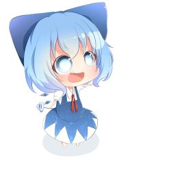 Rule 34 | 1girl, akisha, bad id, bad pixiv id, blue eyes, blue hair, blush, bow, chibi, cirno, dress, fang, hair bow, ice, ice wings, matching hair/eyes, open mouth, poop, smile, solo, touhou, white background, wings