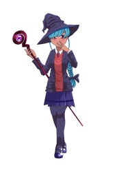 Rule 34 | absurdres, aqua hair, blazer, bow, braid, braided ponytail, hat, high guardian spice, highres, jacket, mary janes, sage (high guardian spice), shoes, simple background, skirt, staff, thighhighs, white background, witch, witch hat
