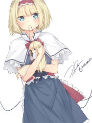 Rule 34 | 1girl, alice margatroid, bad id, bad pixiv id, blonde hair, blue dress, blue eyes, bow, capelet, cowboy shot, dated, hugging doll, doll joints, dress, dutch angle, expressionless, hair bow, hairband, highres, joints, kandou (rkdehd5120), lolita hairband, long hair, looking at viewer, hugging object, puffy short sleeves, puffy sleeves, sash, shanghai doll, short hair, short sleeves, signature, simple background, solo, string, string around finger, string in mouth, touhou, white background, white capelet