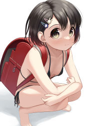 Rule 34 | 1girl, absurdres, backpack, bag, barefoot, bikini, black bikini, black hair, breasts, breasts apart, crossed arms, expressionless, highres, idolmaster, idolmaster cinderella girls, looking at viewer, randoseru, red bag, sasaki chie, side-tie bikini bottom, simple background, small breasts, solo, squatting, swimsuit, tsunenorip, white background