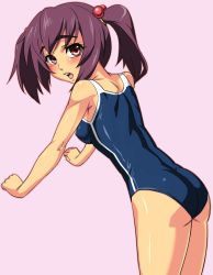 Rule 34 | 1girl, bad id, bad pixiv id, bent over, brown eyes, brown hair, flat chest, looking back, nyamota, one-piece swimsuit, school swimsuit, solo, swimsuit, twintails