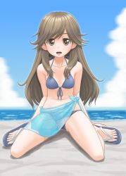 Rule 34 | 10s, 1girl, alternate costume, arashio (kancolle), beach, bikini, blue bikini, blue sky, brown eyes, brown hair, cloud, day, front-tie top, highres, kantai collection, long hair, looking at viewer, open mouth, outdoors, sand, sandals, sarong, sitting, sky, smile, solo, swimsuit, t2r, wariza