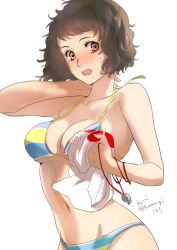 Rule 34 | 1girl, arm behind head, bikini, blush, breasts, brown eyes, brown hair, embarrassed, highres, kawakami sadayo, medium breasts, messy hair, multicolored bikini, multicolored clothes, open mouth, persona, persona 5, short hair, simple background, solo, striped bikini, striped clothes, sweatdrop, swimsuit, tagme, towel, wavy hair, whistle, white background