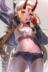Rule 34 | 1girl, absurdres, backwards hat, baseball cap, blonde hair, blurry, breasts, commentary request, cowboy shot, crop top, crop top overhang, curly hair, denim, denim shorts, depth of field, eyelashes, fate/grand order, fate (series), forehead, gluteal fold, hat, highleg shorts, highres, hip bones, hip focus, holding, hood, hood down, hooded jacket, horns, ibaraki douji (fate), jacket, long hair, long sleeves, looking at viewer, micro shorts, midriff, nakasaku-p, navel, oni horns, open clothes, open fly, open jacket, open mouth, open shorts, pantyhose, pantyhose under shorts, red horns, shirt, short shorts, shorts, slit pupils, small breasts, solo, standing, stomach, tank top, tongue, tongue out, unbuttoned, upshirt, white hat, white shirt, yellow eyes