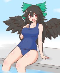 Rule 34 | 1girl, arm support, bird wings, black hair, black wings, blue one-piece swimsuit, blush, bow, breasts, bright pupils, collarbone, commentary request, commission, covered navel, green bow, hair between eyes, hair bow, hair flaps, hand on own chest, large breasts, long hair, looking at viewer, mizusoba, one-piece swimsuit, open mouth, red eyes, reiuji utsuho, sitting, skeb commission, smile, solo, swimsuit, touhou, white pupils, wings
