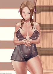 Rule 34 | 1girl, aerith gainsborough, babydoll, bad id, bad twitter id, black panties, blush, bow, breasts, breasts apart, brown hair, cleavage, final fantasy, final fantasy vii, final fantasy vii remake, forehead, green eyes, hair bow, highleg, highleg panties, large breasts, lingerie, long hair, looking at viewer, nipples, panties, pink bow, sagging breasts, see-through, skindentation, solo, spaghetti strap, standing, steepled fingers, thick thighs, thighs, underwear, underwear only, zefrableu